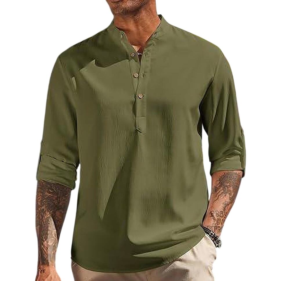 COOFANDY Men’s Small Army Green Henley Shirt Long Sleeve Roll Tab Stretch NWT